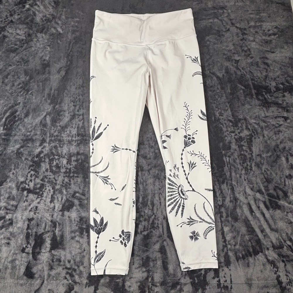 Athleta Leggings Womens Medium White Black Floral Print High Rise Yoga Pants